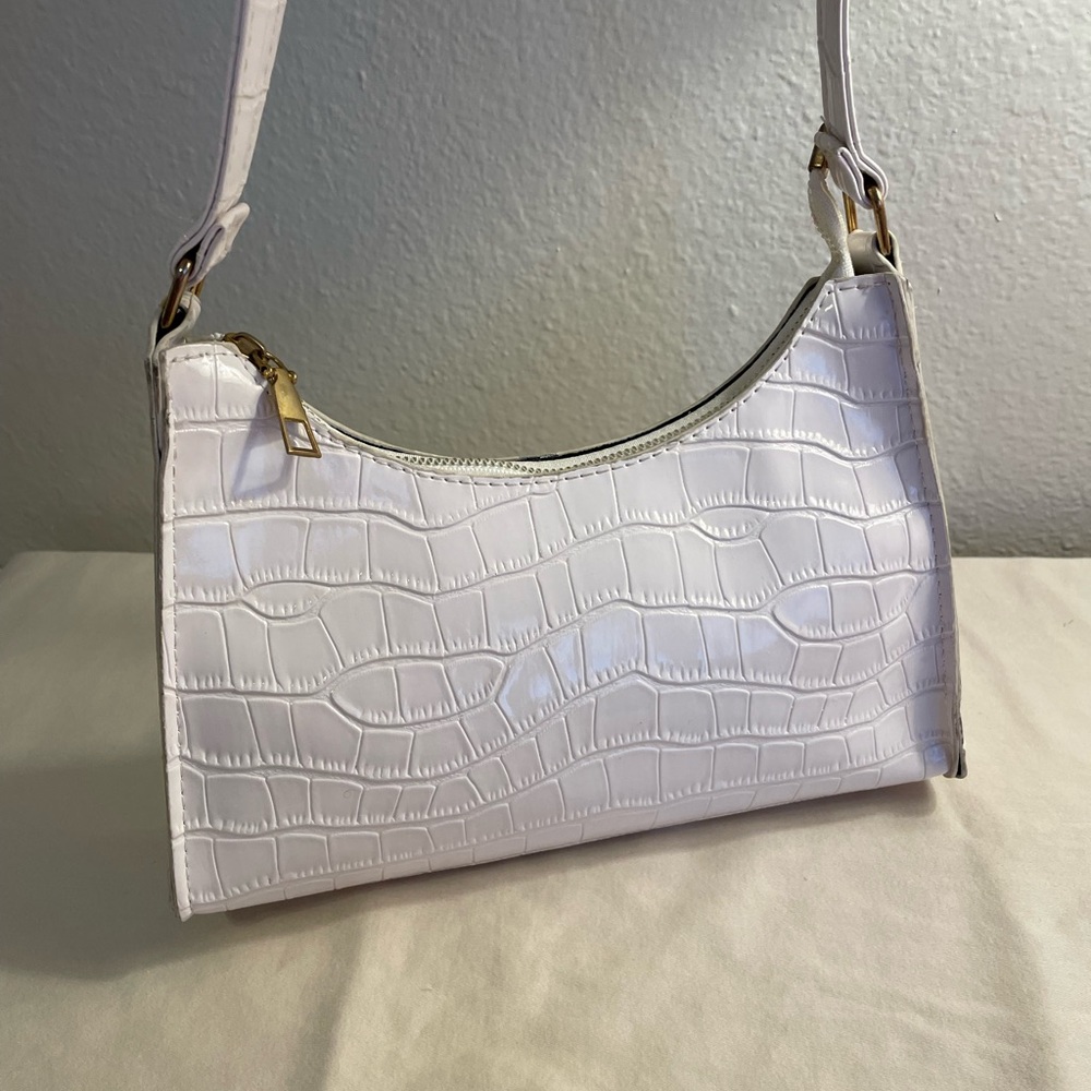 White Faux Croc-Embossed Shoulder Bag